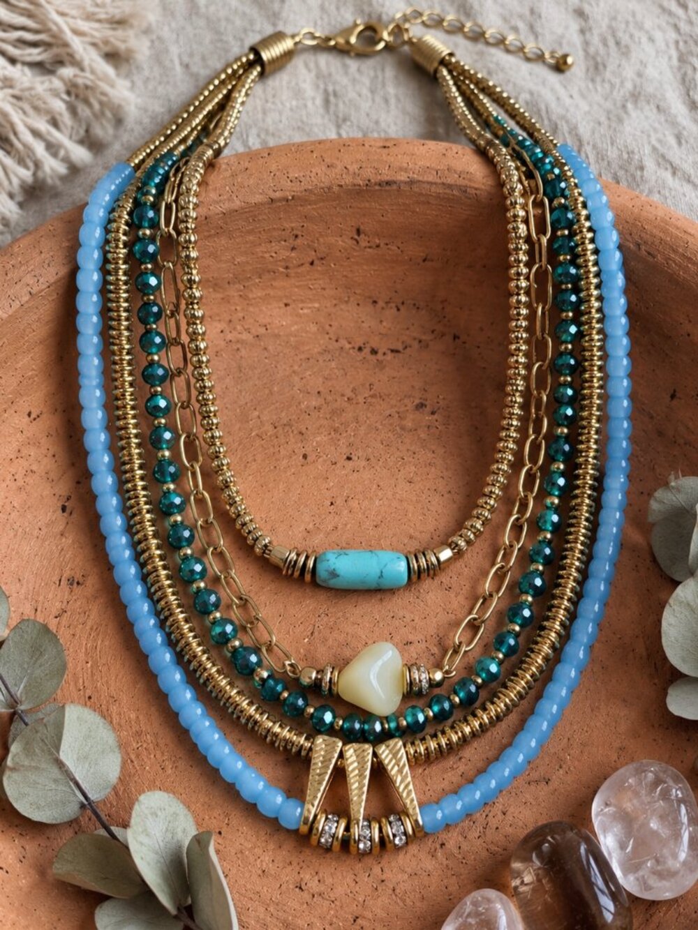 5 Strand Layered Beaded Necklace Antique Gold Turquoise Boho Statement 17.5"